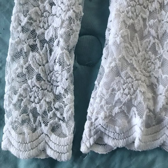 White Ivory Floral Embroidered Lace Double Layered Sheer Long Sleeve Top - Picture 16 of 16